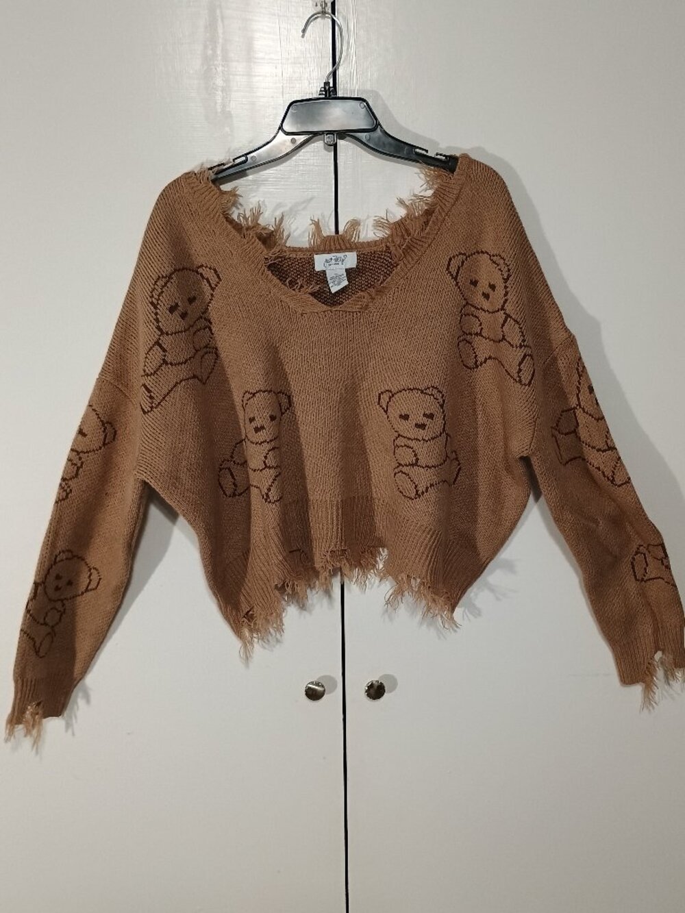 Just Polly New York Teddy Bear Distressed Knit Sweater Tan Brown Frayed Hem Size - Picture 2 of 6
